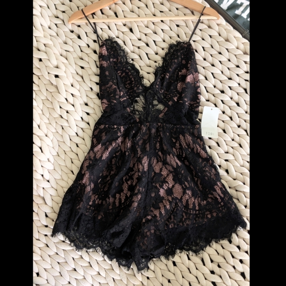 Black Lace Camisole Romper with Nude Lining